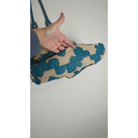 Large Turquoise Big Buddha Tan Canvas Floral Patchwork Tote Shoulder Bag - Picture 4 of 8